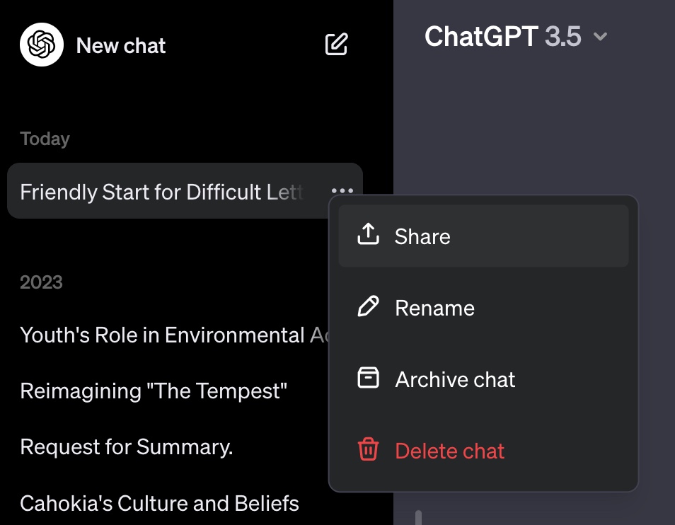 screenshot showing how to create shared links in ChatGPT